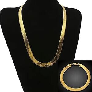 Gold Herringbone Flat Necklace Bracelet Set, Unisex, Two Piece 4mm